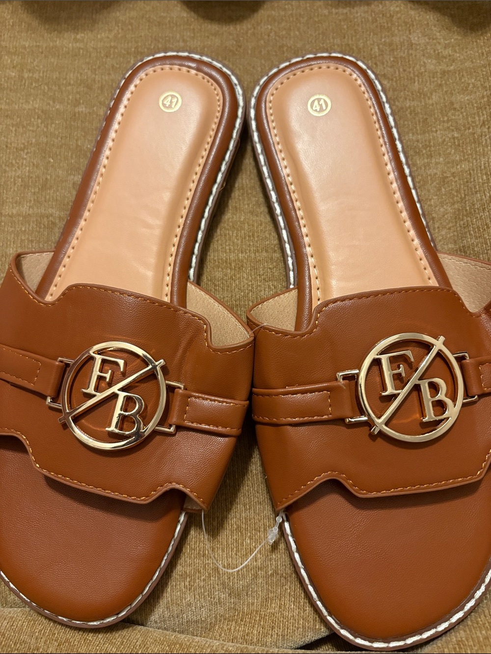 FB Emblem Tan Leather Slide Sandals - Women